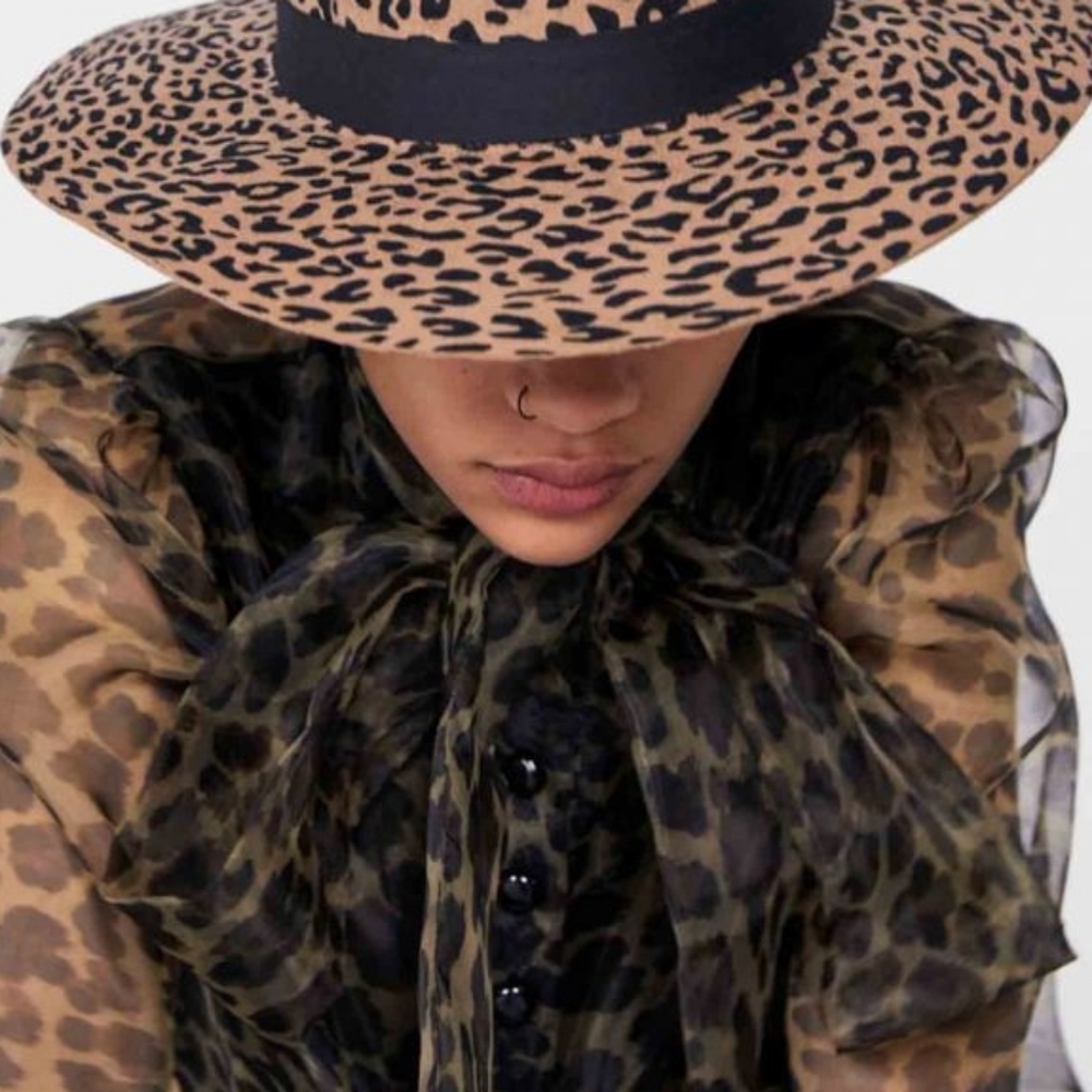 Zara Leopard-Print Sheer Tie-Neck Blouse in Brown and Black Small